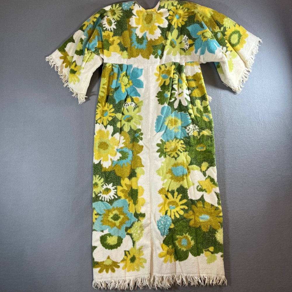 Vintage Martex 70s retro towel caftan Terry Robe Floral Fringe Duster Cotton